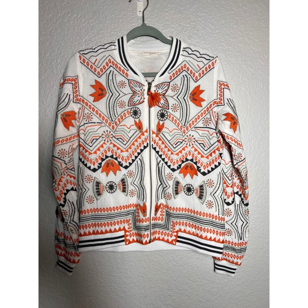 Lovestitch Embroidered Bomber Jacket Orange Cream Black‎ Bohemian S